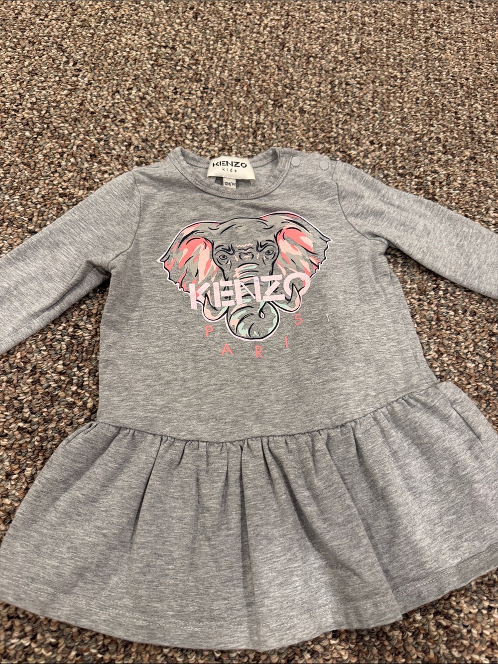 Kenzo Kids Grey Dress with Pink-Accent Elephant Graphic